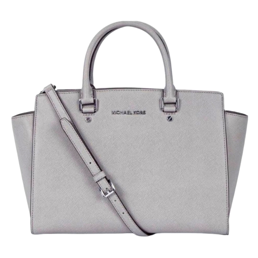 Michael Kors Selma Medium Grey Saffiano Leather Satchel Top Handle Bag Purse